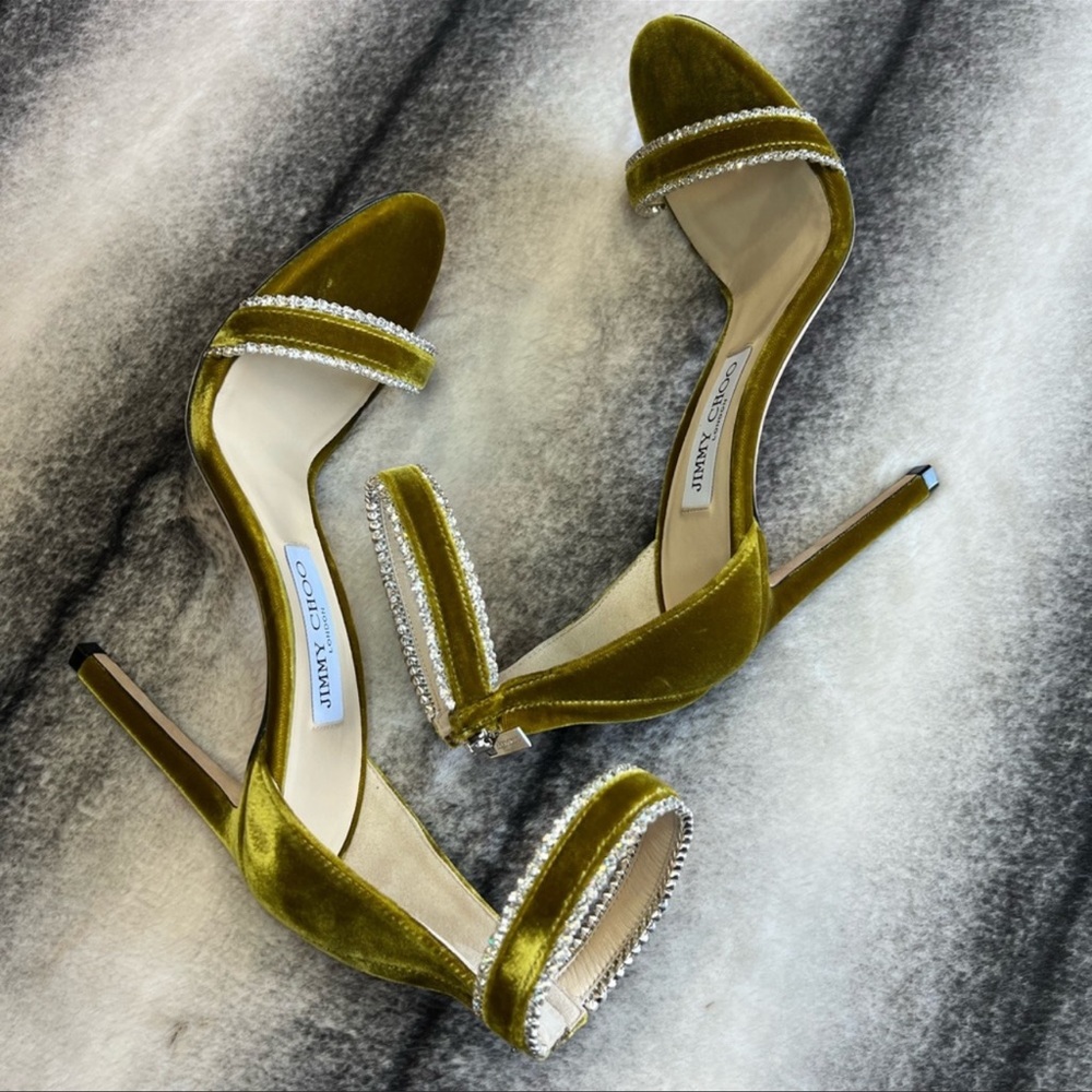 Jimmy Choo Dochas 100 Citrus Velvet Jewel Trim Heels Sandals - Picture 7 of 11